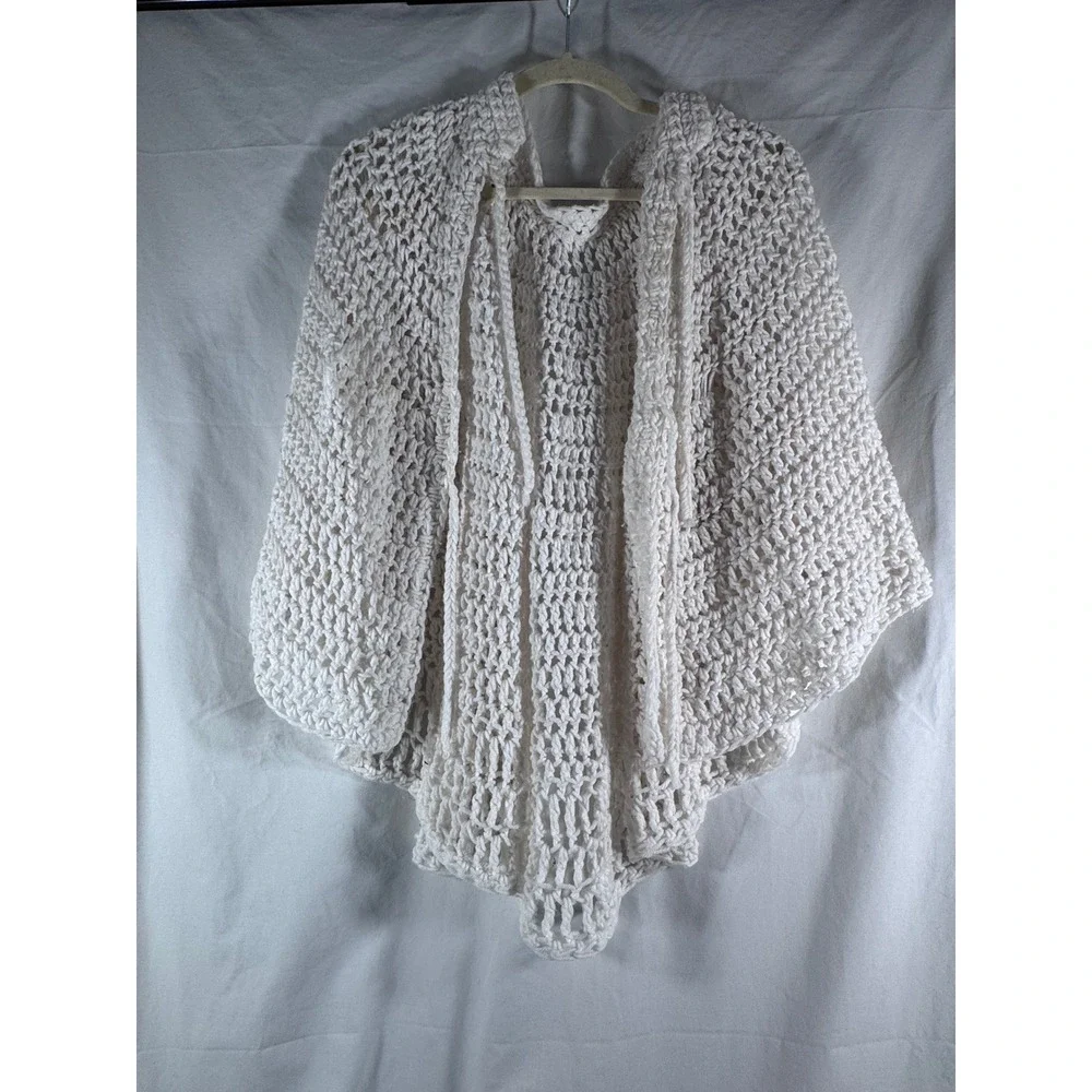 Handmade Crochet Shawl Wrap Cream White Open Knit Tie Front Bed Jacket Cape